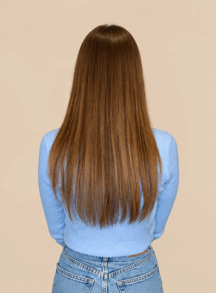 straight brown hair to mid-back, lying flat
