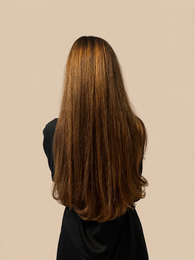 brown hair of the same length with noticeably more volume and soft highlights