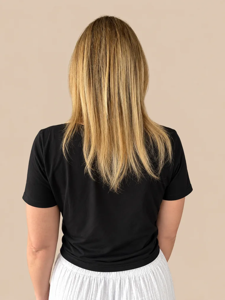 shoulder-length, layered blonde hair with thin ends