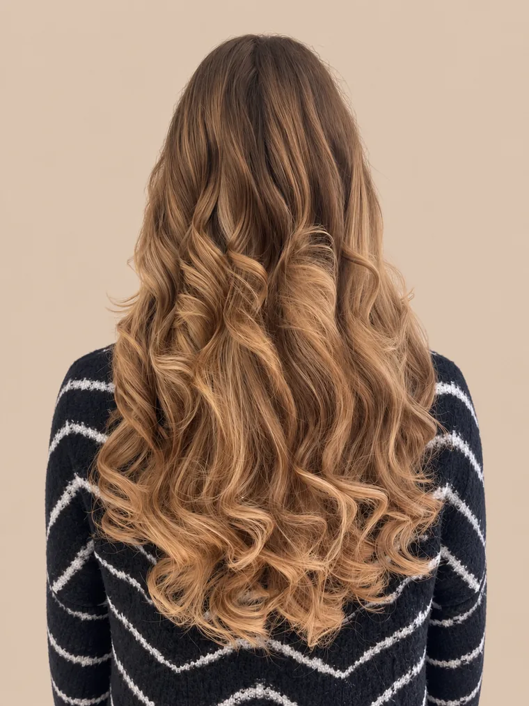 long, defined curls with much more volume and a colour transition from brown to light brown