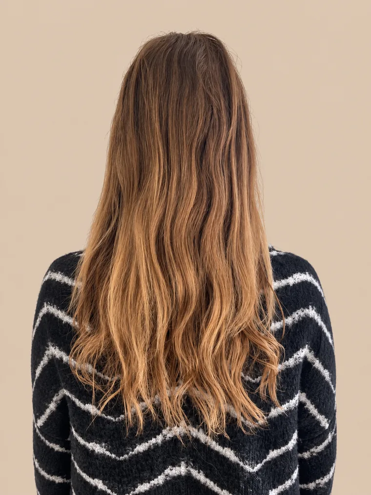 long brown hair with light ends, slightly wavy and flat