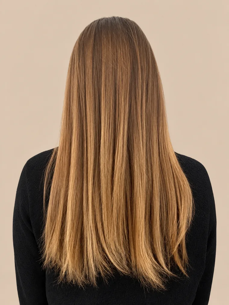 long, straight hair moving from brown to light brown, lying flat