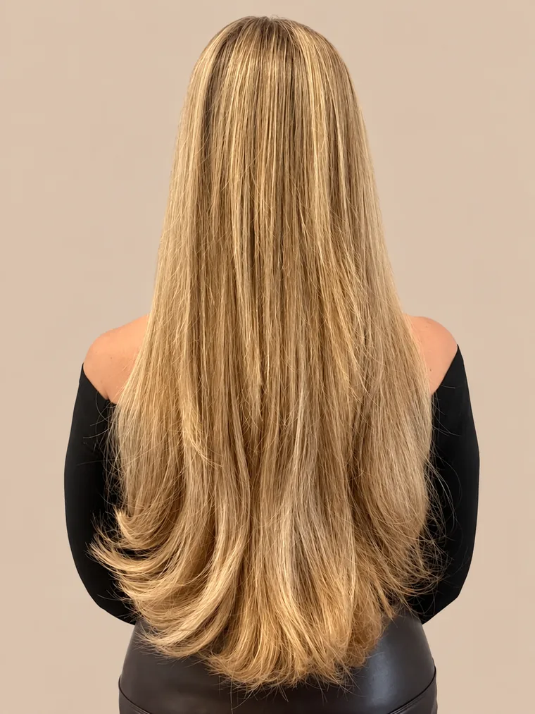 waist-length, full blonde hair with a slight wave