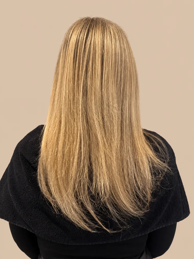 mid-length, straight blonde hair with thin ends
